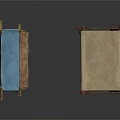 Two Wooden Furniture Stalls With Blue And Beige Canopies For Outdoor