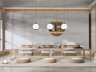 Japanese Style Tea Room Tatami Tea Room Tea Table and Chair Tea Table Cushion Chair Chandelier 3d model