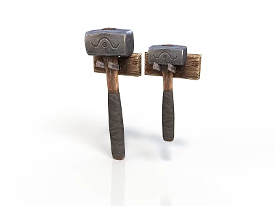 Two Vintage Square Shaped Hammers With Textured Metal Heads And Wooden Handles 3d model