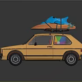 Yellow Car With Blue Shark Doll And Orange Surfboard On Roof Red Interior Black Stripes