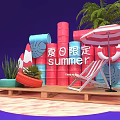Summer Themed Decor Red Barrels Striped Umbrella Deck Chair Palm Tree On Wooden Platform