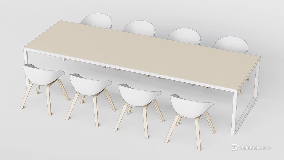 Modern Conference Table With Light Beige Top White Legs And White Chairs 3d model 