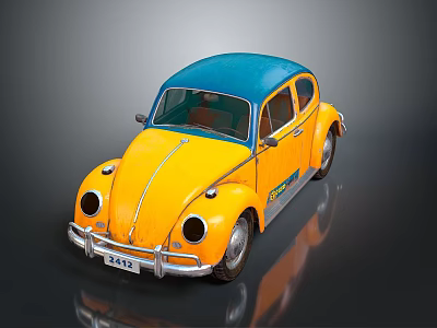 Vintage Yellow Beetle Car With Blue Roof And Classic Retro Exterior Design 3d model
