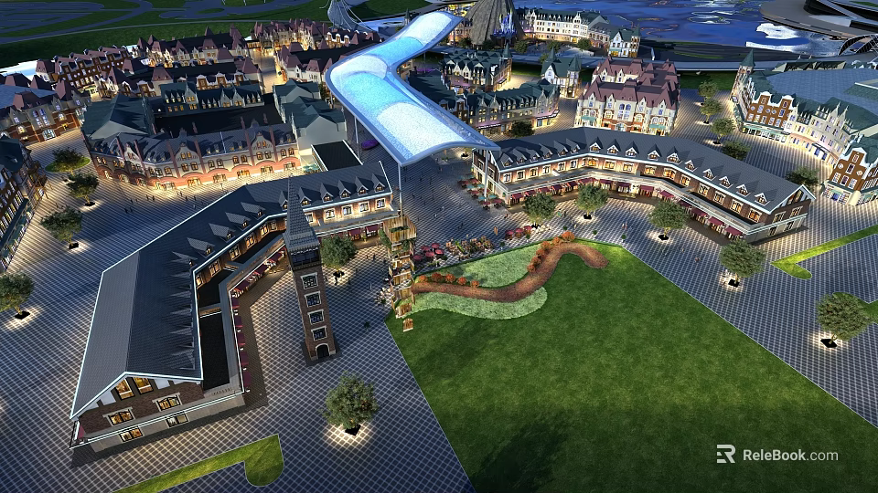 Modern Commercial Street With Pedestrian Plaza Green Lawn And Illuminated Shop Buildings 3d model 