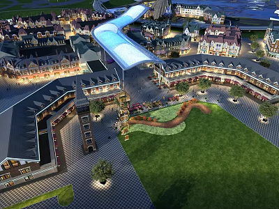 Modern Commercial Street With Pedestrian Plaza Green Lawn And Illuminated Shop Buildings 3d model