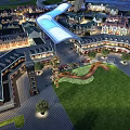 Modern Commercial Street With Pedestrian Plaza Green Lawn And Illuminated Shop Buildings