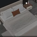 Modern Double Bed with Beige Headboard Brown Pillows and Nightstand Lamps in City View Bedroom