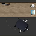 Wooden Office Desk With Black Chair Table Lamp Books Photo Frame And Tablet