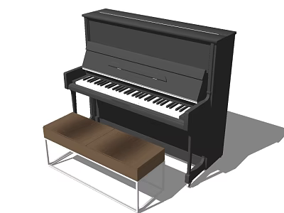 Elegant Black Upright Piano Musical Instrument With Brown Wooden Bench For Home 3d model