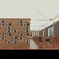 Large Wooden Bookcase Filled With Books In Spacious Reading Room With Chairs And Ceiling Lighting