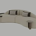 Curved Modern Beige Textured Sofa With Gray Button Cushions And Side Table