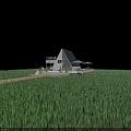 Modern Pavilion Triangular Roof White Exterior Green Grass Field Balcony Terrace Green Umbrellas Small Trees