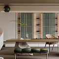 Modern Minimalist Tea Room Interior Design With Long Wooden Table Green Plants And Display Shelves