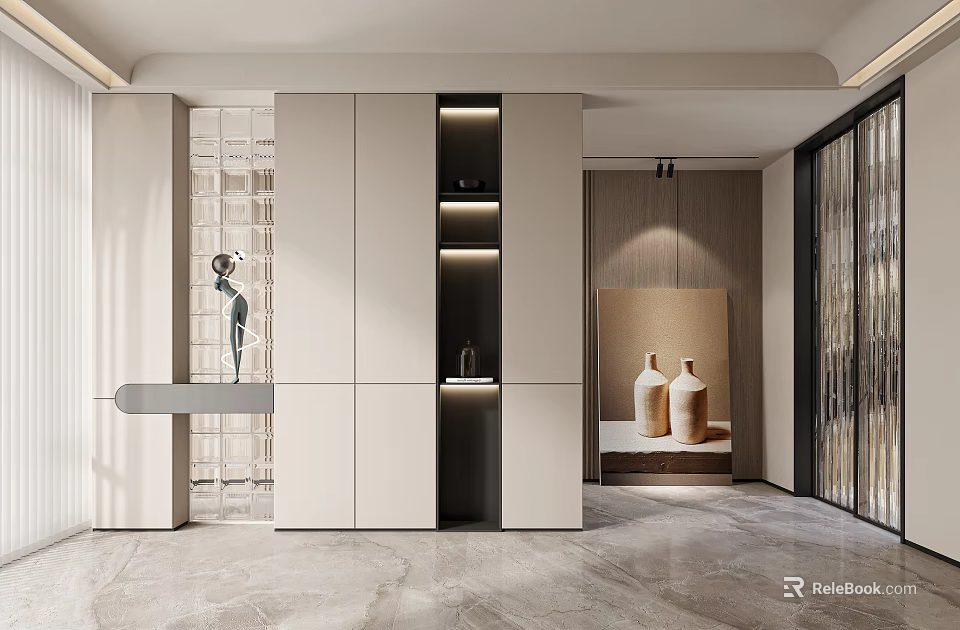 Modern Entryway Interior Design With White Storage Cabinets Black Recessed Lighting And Metal Crane Sculpture 3d model 