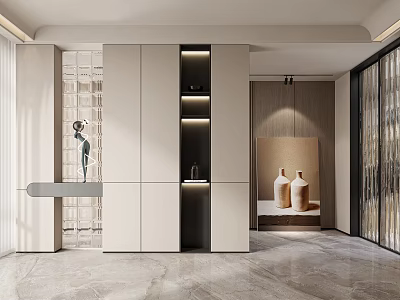 Modern Entryway Interior Design With White Storage Cabinets Black Recessed Lighting And Metal Crane Sculpture 3d model