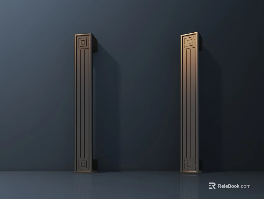 Golden Metal Door Handles With Decorative Patterns And Vertical Stripes On Dark Background 3d model 