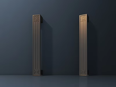 Golden Metal Door Handles With Decorative Patterns And Vertical Stripes On Dark Background 3d model