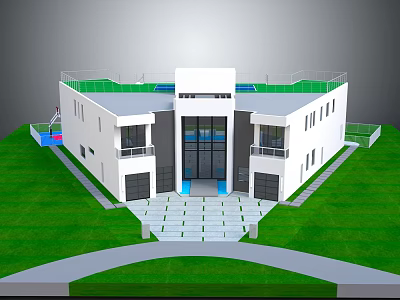 Modern White Residential Building With Green Roof Garage Entrance And Spacious Lawn Surroundings 3d model