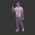 A Man Wearing White T-shirt And Green Graffiti Jeans Holding Phone Against Black Background