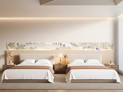 Elegant Modern Bedroom Interior With Double Bed Decorative Painting Nightstands Table Lamps And Rug 3d model