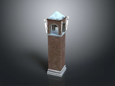 Scenic Tall Brick Tower With Snow Capped Top Arched Openings White Base And Decorative Elements 3d model