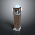 Scenic Tall Brick Tower With Snow Capped Top Arched Openings White Base And Decorative Elements