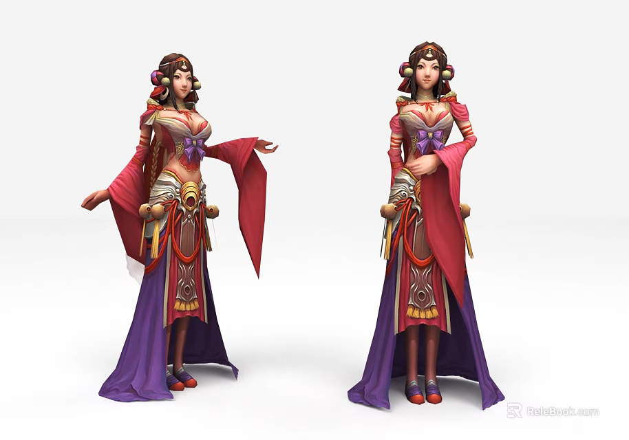 Game Movie Female Character Wearing Traditional Red Purple Outfit with Ornate Hair Accessories Flowing Sleeves 3d model 