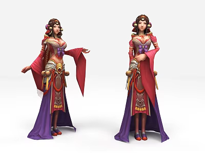 Game Movie Female Character Wearing Traditional Red Purple Outfit with Ornate Hair Accessories Flowing Sleeves 3d model