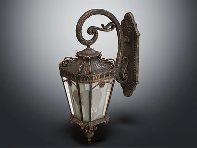 Vintage Ornate Wall Light With Curved Metal Frame And Glass Shade 3d model