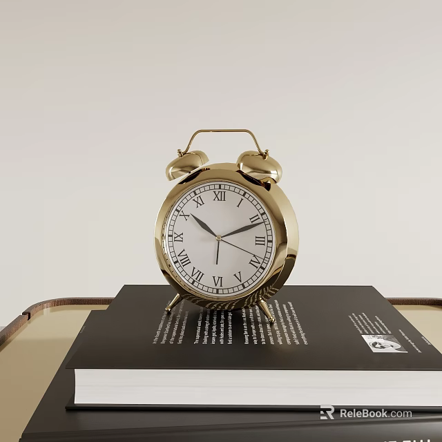 Golden Double Bell Alarm Clock on Black Book with White Background 3d model 