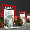 Floral Art Display with Landscape Scroll Painting Red Floral Arrangements in Red Frames with LOGO