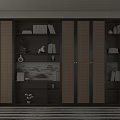 Modern Bookcase With Open Shelves Sliding Louver Doors Filled With Books Decorative Vases And Sculptures