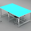 Functional Table with Blue Tabletop Metal Frame and Wheeled Stools
