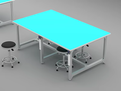 Functional Table with Blue Tabletop Metal Frame and Wheeled Stools 3d model