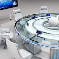 Round Glass Conference Table with Office Chairs and Large Smart Display Screen