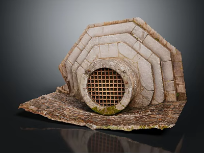 Decorative Garden Ornament Layered Stone Structure With Circular Grille Design And Moss Accents 3d model