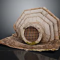 Decorative Garden Ornament Layered Stone Structure With Circular Grille Design And Moss Accents