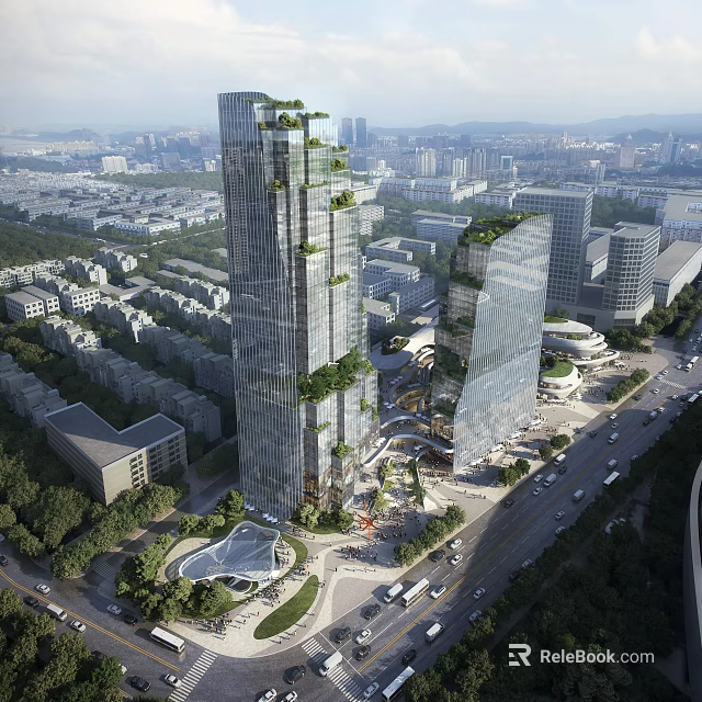 Modern High Rise Office Building With Glass Facade Vertical Greenery And Urban Skyline 3d model 
