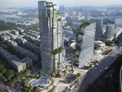 Modern High Rise Office Building With Glass Facade Vertical Greenery And Urban Skyline 3d model