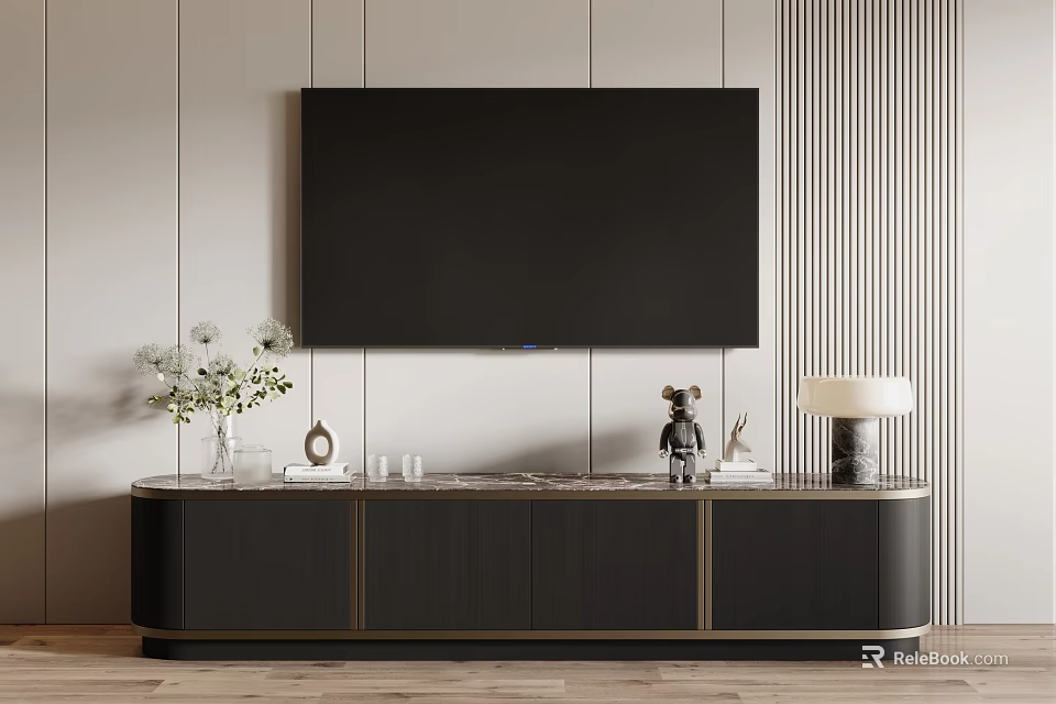 Modern TV Stand With Wall Mounted TV Vase Table Lamp And Decorative Items 3d model 