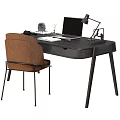 Modern Black Desk With Laptop Headphones Desk Lamp And Brown Chair