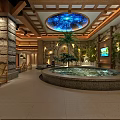 Elegant SPA Sauna Interior Design With Round Pool Stone Walls Wooden Ceiling And Green Plants