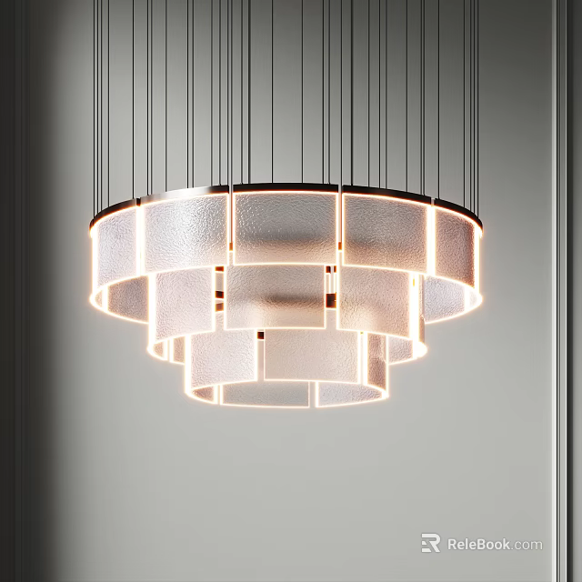 Modern Circular Layered Chandelier with Frosted Glass Panels and Warm Lighting 3d model 