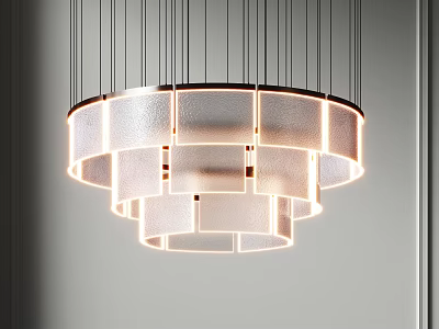 Modern Circular Layered Chandelier with Frosted Glass Panels and Warm Lighting 3d model