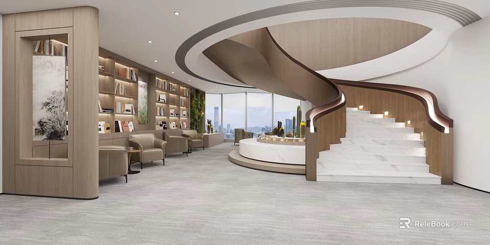 Modern Leisure Area With Bookshelves Comfortable Sofas Curved Staircase And Large Windows 3d model 