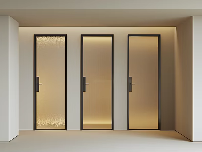 Three Modern Hinged Doors with Frosted Ribbed Glass and Black Frames in Minimalist Interior 3d model
