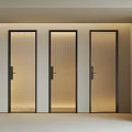 Three Modern Hinged Doors with Frosted Ribbed Glass and Black Frames in Minimalist Interior
