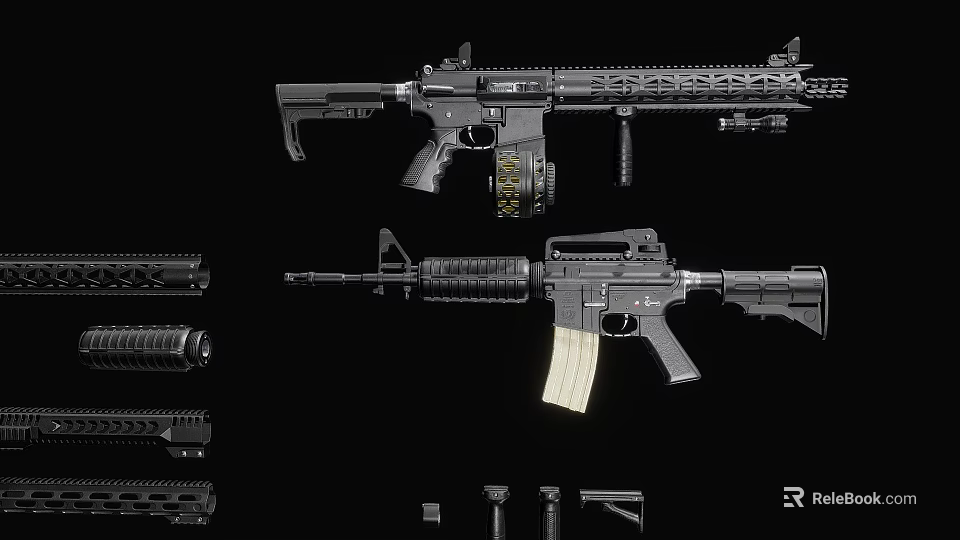 Detailed Modern Tactical Rifles With Barrel Magazine Stock Grip And Accessories 3d model 