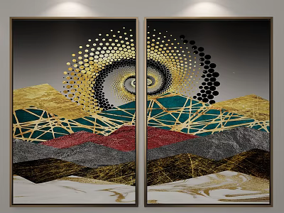 Two Panel Abstract Painting Modern Luxury Style Gold Black Geometric Patterns Mountain Elements 3d model