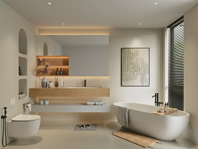 Modern Bathroom Interior With Large Mirror Wooden Vanity And Freestanding Bathtub 3d model